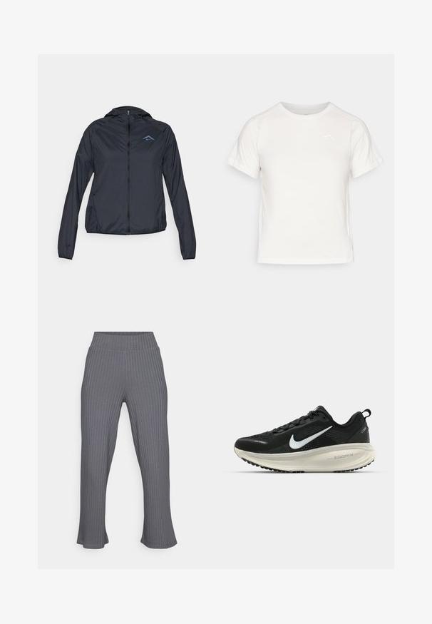 Kerge, tumesinine tuulejakk, millel on täispikk tõmblukk, kapuuts ja logo vasakul ülal rinnal. Sujuv, veekindel kanga.; Kerge valge T-särk lühikeste varrukatega, ümmarguse kaelusega ja väikese logoga vasakus ülanurgas. Sile kangas, millel on õrn läige.; Yogasearcher MATSYA - Dresside alumine osa - lavastone; Musthave mustus Nike jooksujalats, millel on hingav võrgust ülemine osa, valge swoosh logo, tekstuuriga detailid ja kreemja värvusega ZoomX vahevöö.