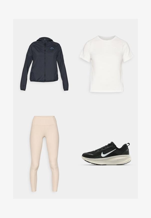Lettvekts, navy blå vindjakke med full glidelås, hette og logo på øvre venstre bryst. Glatt, vannavvisende stoff.; Lett, hvit T-skjorte med korte ermer, rund hals, og en liten logo i øvre venstre hjørne. Glatt stoff med en subtil glans.; Beige ribbede leggings med høy midje. De har en jevn tekstur og en kroppsnær passform, uten synlige sømmer eller logoer.; Svart Nike løpesko med pustende mesh-overdel, hvit swoosh-logo, teksturert detaljer og en kremfarget ZoomX mellomsåle.