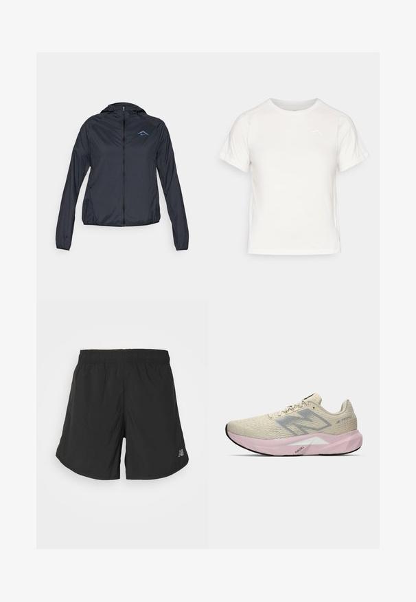 Lettvekts, navy blå vindjakke med full glidelås, hette og logo på øvre venstre bryst. Glatt, vannavvisende stoff.; Lett, hvit T-skjorte med korte ermer, rund hals, og en liten logo i øvre venstre hjørne. Glatt stoff med en subtil glans.; Sorte idrettsshorts laget av lett materiale med strikk i livet, med en subtil logo på det ene benet og et strømlinjeformet design.; Lys beige løpesko med grå "N"-logo, rosa såle merket "FuelCell" og teksturert hæl, vist på en hvit bakgrunn.