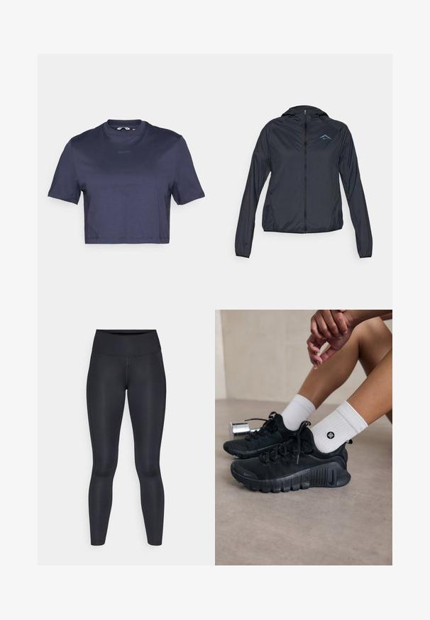 Könnyű, sötétkék széldzseki teljes cipzárral, kapucnival és logóval a bal felső mellrészen. Simaságával és vízálló anyagával tűnik ki.; Sötétkék, rövid ujjú, kerek nyakú cropped t-shirt sima anyagból. Az elején finoman nyomtatott "BORG" felirat található.; Fekete leggings sima, rugalmas anyagból. Magas derék, látható minták vagy díszítések nélkül. Szorosan illeszkedik a derektól a bokáig.; Fekete sportcipők texturált anyagból, fűzős kialakítással és hangsúlyos talppal, fehér bordás zoknikkal párosítva, melyek kis logóval rendelkeznek.