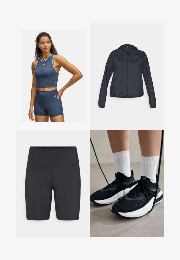 Lengvas, tamsiai mėlynas vėjo prakaitas su pilnu užtrauktuku, kapišonu ir logotipu kairėje krūtinės pusėje. Lygus, vandenį atstumiančio audinio.; Tamsiai mėlynas sportinis liemenukas su užtrauktuku priekyje ir baltomis detalėmis; derinamas su aukštai pakeltomis šortais, turinčiais šonines kišenes ir atitinkančiomis detalėmis.; Juodi sportiniai šortai, pagaminti iš tamprios medžiagos, su aukštu juosmeniu ir plokščiais siūlės siūlais. Sukurti komfortui ir judrumui.; Juodi sportiniai batai su tekstūruotu audiniu, balta padu ir juodais raiščiais. Dėvimi su baltais raištiniais kojiniais, stovint lengvame paviršiuje.
