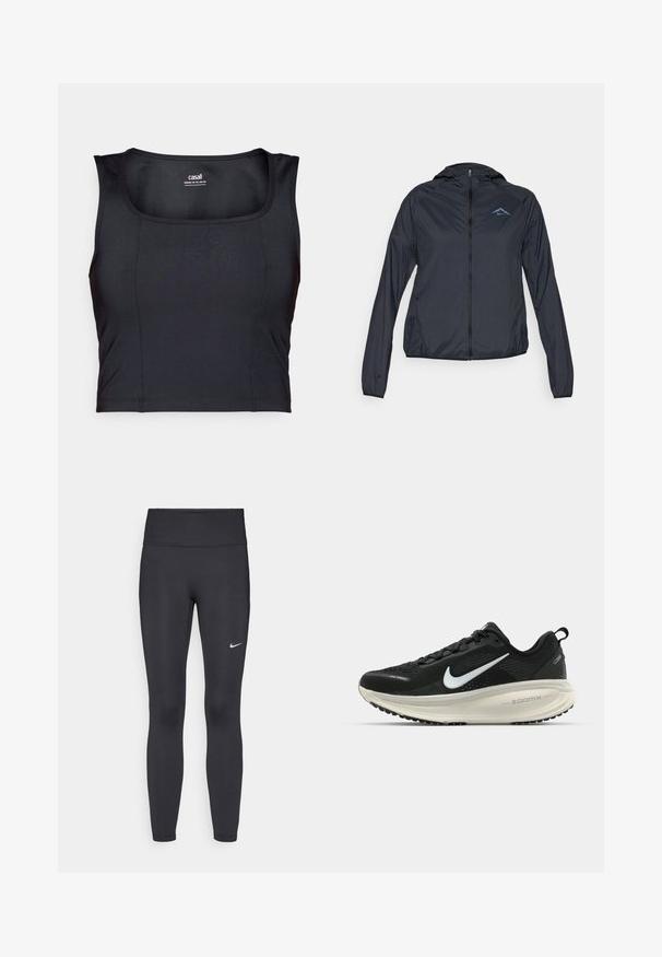 Lightweight, navy blue windbreaker jacket with a full zip, hood, and logo on the upper left chest. Smooth, water-resistant fabric.; Black athletic crop top, made of smooth fabric, features a round neckline, sleeveless design, and subtle stitching details.; Black leggings made of stretchy fabric, featuring a high waistband and a white Nike logo on the left thigh. Smooth texture, form-fitting design.; Black Nike running shoe with breathable mesh upper, white swoosh logo, textured detailing, and a cream-colored ZoomX midsole.