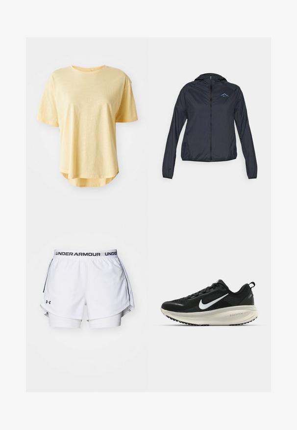 Letvægts, marineblå vindjakke med fuld lynlås, hætte og logo på den øverste venstre bryst. Glat, vandafvisende stof.; Gul t-shirt med korte ærmer, afslappet pasform, rund halsudskæring, let buet kant og blød stoftekstur.; Hvide atletikshorts med sort Under Armour-logo på linningen. Har et lagdelt design med indre foring og sideslids for bevægelighed.; Sort Nike løbesko med åndbart mesh-overdel, hvidt swoosh-logo, tekstureret detaljering og en cremede ZoomX mellemsål.