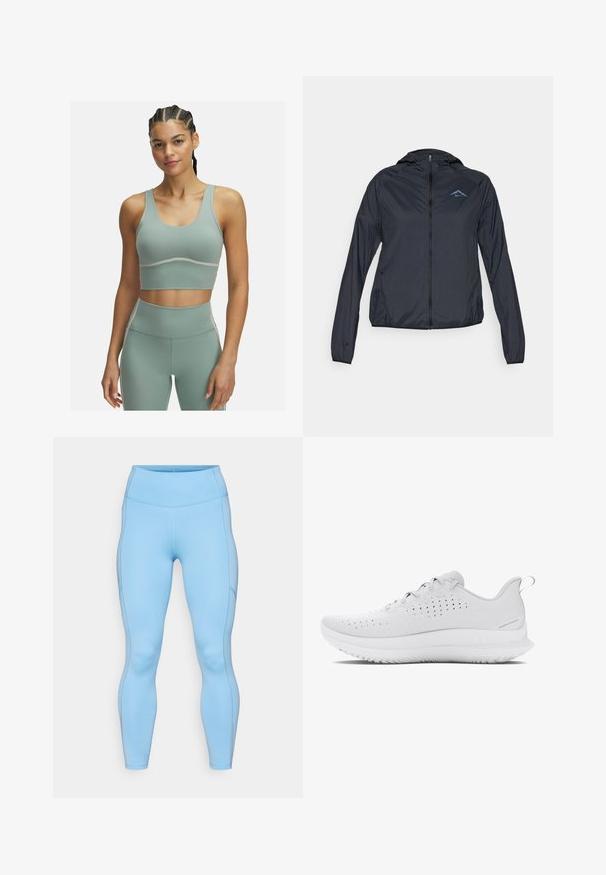 Ľahká, námornícka modrá vetrovka s plným zipsom, kapucňou a logom na hornej ľavej strane hrude. Hladká, vodeodolná tkanina.; Svetlozelená športová podprsenka s priliehavým strihom, širokými ramienkami a hladkou textúrou. Obsahuje kontrastné biele švy pozdĺž spodnej časti.; Svetlomodré legíny vyrobené z elastického materiálu. Obsahujú vysoký pás, hladký povrch a zakrivené švy pozdĺž nôh.; Svetlo šedé športové tenisky s textúrovaným zvrškom, perforáciami pre priedušnosť a gumovou podrážkou s výrazným vzorom behúňa.