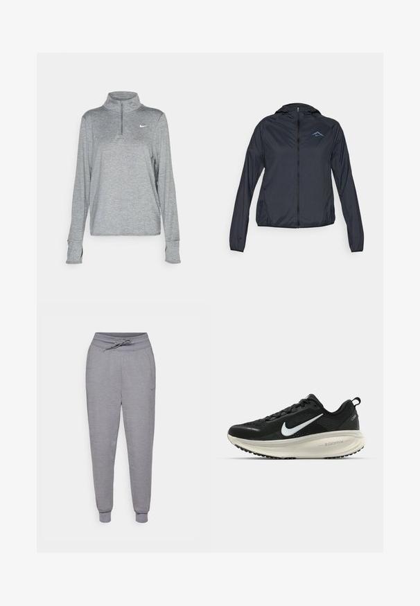 Lengvas, tamsiai mėlynas vėjo prakaitas su pilnu užtrauktuku, kapišonu ir logotipu kairėje krūtinės pusėje. Lygus, vandenį atstumiančio audinio.; Nike Performance SWIFT - Ilgarankovis viršutinės dalies drabužis - smoke grey; Pilkos siaurėjantys sportiniai kelnių su raišteliu juosmenyje, elastingais kulkšnių kraštais ir subtiliu Nike logotipu kairiajame šlaunyje. Švelni, tekstūruota medžiaga.; Juodas Nike sportinis batelis su kvėpuojančiu tinklu, baltu swoosh logotipu, tekstūruoto dizaino detalėmis ir grietinėlės spalvos ZoomX viduriu.