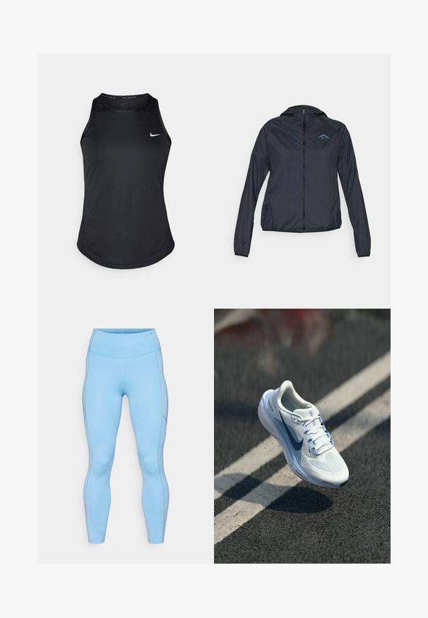 Gaišs, tumši zilas krāsas vējjaka ar pilnu rāvējslēdzēju, kapuci un logotipu kreisajā augšējā krūtī. Gluda, ūdensizturīga auduma.; Nike melnā bezpiedurkņu skriešanas krekls ar apaļu kaklu, gludu tekstūru un mazu baltu logo kreisajā krūtīs.; Gaiši zili legingi, kas izgatavoti no elastīga auduma. Rūpīgi veidota augstas vids josta, gluda tekstūra un noapaļoti šuvi gar kājām.; Balts sporta apavi ar elpojošu sietu augšdaļu un zilu akcentu. Iezīmēts ar mīkstu zoli un plakaniem šņorēm. Viduszolei ir "Air Zoom" zīmols.
