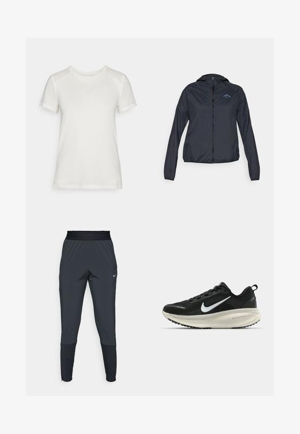 Lätt, marinblå vindjacka med full dragkedja, huva och logotyp på övre vänstra bröstet. Slätt, vattentåligt tyg.; Vitt kortärmat t-shirt av mjukt tyg, med rund halsringning och en avslappnad passform med släta, sömlösa axeldetaljer.; Nike träningbyxor i mörkgrått, med en tapered ben-design, elastisk midja och accentdetaljer nära muddarna.; Svart Nike löparsko med andningsbart mesh-ovandel, vit swoosh-logotyp, texturerad detaljering och en krämfärgad ZoomX-mellansula.