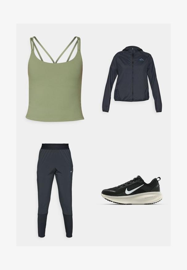 Lichte, marine blauwe windbreaker met een volledige rits, capuchon en logo op de bovenste linkerkant van de borst. Glad, waterafstotend stof.; Olijfgroene tanktop met een aansluitend ontwerp, voorzien van dunne verstelbare bandjes en een gladde, rekbare textuur. Minimalistische stijl zonder patronen.; Nike sportieve broek in donkergrijs, met een tapered leg ontwerp, elastische tailleband en accentdetails bij de boorden.; Zwarte Nike hardloopschoen met ademend mesh bovenwerk, witte swoosh-logo, gestructureerde details en een crèmekleurige ZoomX middenzool.
