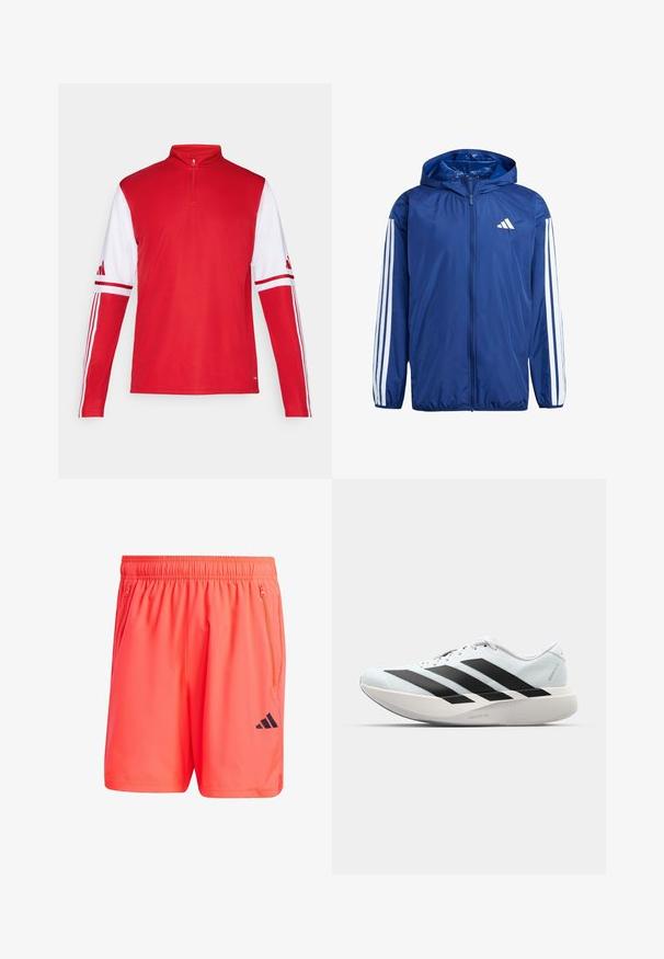 Mornarska lagana jakna s kapuljačom, koja ima bijele trostruke pruge na svakom rukavu i mali bijeli logo na lijevoj strani prsiju.; Crvena atletska majica dugih rukava s ovratnikom na četvrtinu zatvarača, bijele rukave, tri bijele pruge duž ramena i Adidas logo na rukavima.; Neon narančaste sportske kratke hlače s elastičnim pojasom, dva zatvorena bočna džepa i crni Adidas logo na donjem lijevom dijelu.; Lagane tenisice za trčanje u svijetloplavoj boji s crnim trakama. Imaju glatku gornju površinu, okrugli vrh i debeli bijeli srednji sloj označen "LIGHTSTRIKE PRO."