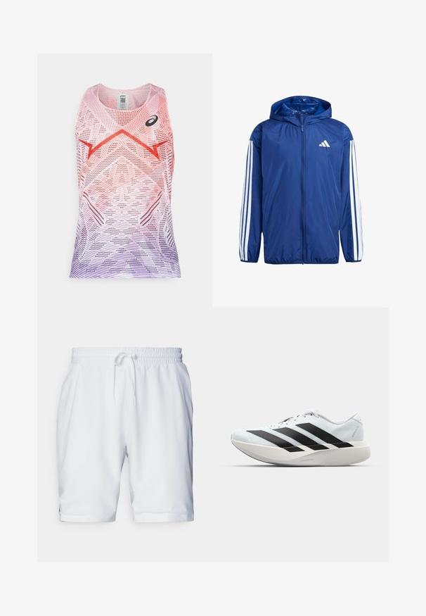 Giacca leggera navy con cappuccio, caratterizzata da accenti bianchi a tre strisce su ciascun braccio e un piccolo logo bianco sul lato sinistro del petto.; Top atletico senza maniche in gradiente rosa e viola, caratterizzato da motivi geometrici e un logo nero. Realizzato in tessuto leggero e traspirante.; Shorts atletici bianchi con vita elastica e coulisse regolabile. Tessuto morbido con una texture sottile, dotati di tasche laterali.; Scarpe da corsa leggere di colore azzurro pallido con strisce nere. Presentano una tomaia liscia, punta rotonda e un'ampia intersuola bianca etichettata "LIGHTSTRIKE PRO."