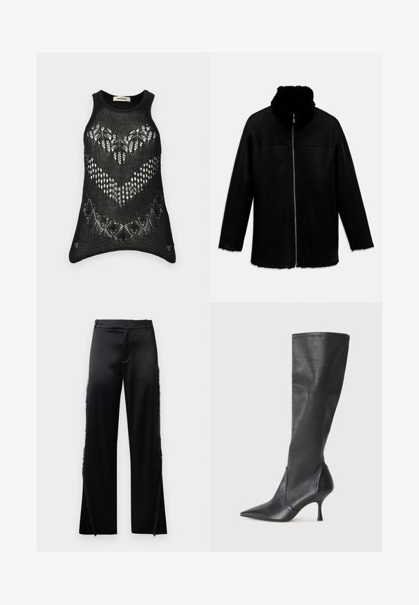 Melnā ādas jaka ar priekšējo rāvējslēdzēju, augstu vilnas oderi, garām piedurknēm un sānu kabatām, attēlota uz baltā fona.; Melna adīta bez piedurknēm topiņš. Izceltas atvērtas austiņas un viļņota apakša. Uz etiķetes rakstīts "AERON."; Melnas satīna bikses ar platām kājām, ar frēzi detaļām gar sānu šuvēm un plakanu priekšējo jostas daļu. Vienkārša aizmugure bez kabatām.; Ceļa auguma melni ādas zābaki ar smailu purngalu un šauru stiletto papēdi. Gluda tekstūra ar pieguļošu dizainu un izšuvumiem augšējā malā.