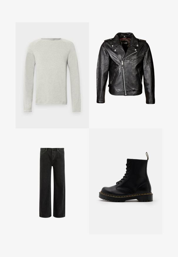 Giubbotto da moto in pelle nera con zip argentate, chiusure a pressione e colletto classico. Presenta diverse tasche con zip e una texture consumata.; Maglietta a maniche lunghe grigia chiara con scollo rotondo, tessuto testurizzato e maniche raglan. Design semplice, senza loghi o motivi visibili.; Jeans wide-leg in denim nero con vita alta, caratterizzati da un classico design a cinque tasche e da un leggero sbiadimento per un aspetto testurizzato.; Stivaletti alla caviglia in pelle nera con lacci anteriori, cuciture gialle, punta rotonda e suola in gomma spessa e testurizzata.