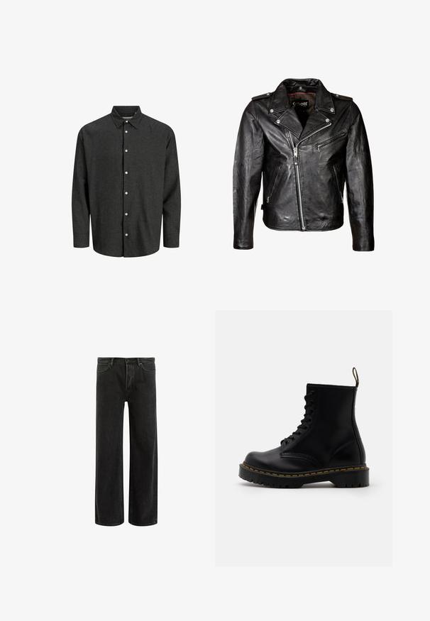 Schwarze Leder-Motorradjacke mit silbernen Reißverschlüssen, Druckknopfverschlüssen und klassischem Kragen. Verfügt über mehrere Reißverschlusstaschen und eine verwaschene Textur.; Schwarz-weiß kariertes Hemd mit Knöpfen, standardmäßiger Kragen, langen Ärmeln und weißen Knöpfen. Weicher Stoff mit strukturiertem Schnitt.; Schwarze, weit geschnittene Jeans aus Denim mit hoher Taille, im klassischen Fünf-Taschen-Design und subtilem Verblassen für eine strukturierte Optik.; Schwarze Leder-Ankle-Boots mit schnürbarem Vorderteil, gelben Nähten, runder Zehenpartie und dicker, strukturierter Gummisohle.