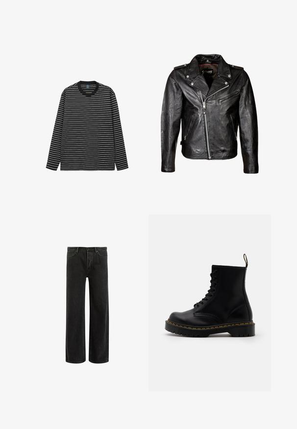 Schwarze Leder-Motorradjacke mit silbernen Reißverschlüssen, Druckknopfverschlüssen und klassischem Kragen. Verfügt über mehrere Reißverschlusstaschen und eine verwaschene Textur.; Langärmliges T-Shirt mit schwarz-weißen Streifen aus weicher Baumwolle. Es hat einen Rundhalsausschnitt und einen kontrastierenden schwarzen Rippkragen.; Schwarze, weit geschnittene Jeans aus Denim mit hoher Taille, im klassischen Fünf-Taschen-Design und subtilem Verblassen für eine strukturierte Optik.; Schwarze Leder-Ankle-Boots mit schnürbarem Vorderteil, gelben Nähten, runder Zehenpartie und dicker, strukturierter Gummisohle.