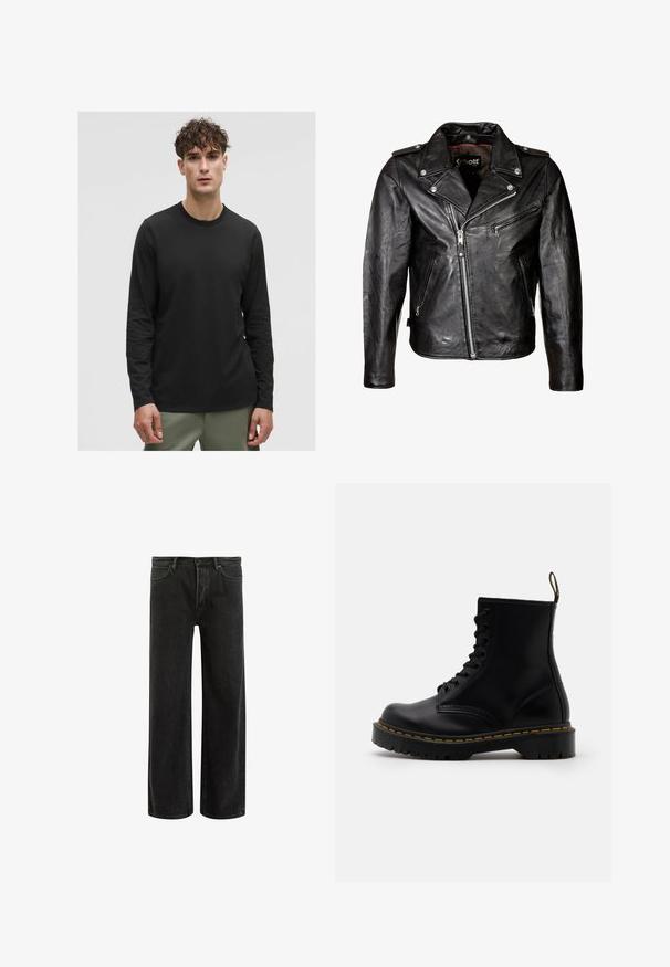Čierna kožená motocyklistická bunda so striebornými zipsami, patentkami a klasickým golierom. Obsahuje viaceré zipsové vrecká a má distressed textúru.; Čierne tričko s dlhým rukávom vyrobené z ľahkej tkaniny, s okrúhlym výstrihom a jednoduchým dizajnom, nosené s olivovozelenými nohavicami.; Čierne džínsy s širokými nohavicami a vysokým pásom, so classic piatimi vreckami a jemným vyblednutím pre textúrovaný vzhľad.; Čierne kožené členkové čižmy s šnurovaním vpredu, žltým prešívaním, okrúhlou špičkou a hrubou, textúrovanou gumovou podrážkou.