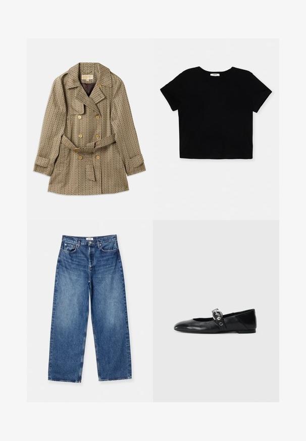 Divkāršs mētelis tan krāsā ar ģeometrisku rakstu, ar zelta pogām, jostu viduklī un izgrieztu apkakli.; Melns īss krekliņš, kas izgatavots no mīksta kokvilnas, ar īsām piedurknēm, apaļu kakla izgriezumu un vienkāršu apakšmalu bez rotājumiem.; Gai zila plata kāju džinsi no denima, ar klasisku piecu kabatu dizainu, redzamām šuvēm un vidēji augstu jostasvietu.; Melnas ādas baleta kurpes ar smailu purngalu, ar siksniņu ar apaļu metāla sprādzi un platu zoli.