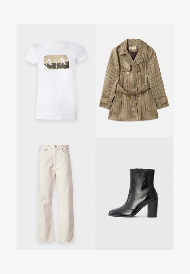 Casaco de duas fileiras em tecido bege com um padrão geométrico, apresentando botões dourados, uma cintura com cinto e colarinho com cortes.; T-shirt de algodão branco com um design retangular em lantejoulas douradas e prateadas, apresentando as letras "A", "I" e "X" em uma fonte estilizada.; Jeans de ganga brancos com corte reto, apresentando um design clássico de cinco bolsos, fecho de botão metálico e uma textura subtil.; Bota ankle preta em pele com uma textura suave, bico fino e um salto alto robusto. Apresenta uma abertura lateral e um design minimalista.