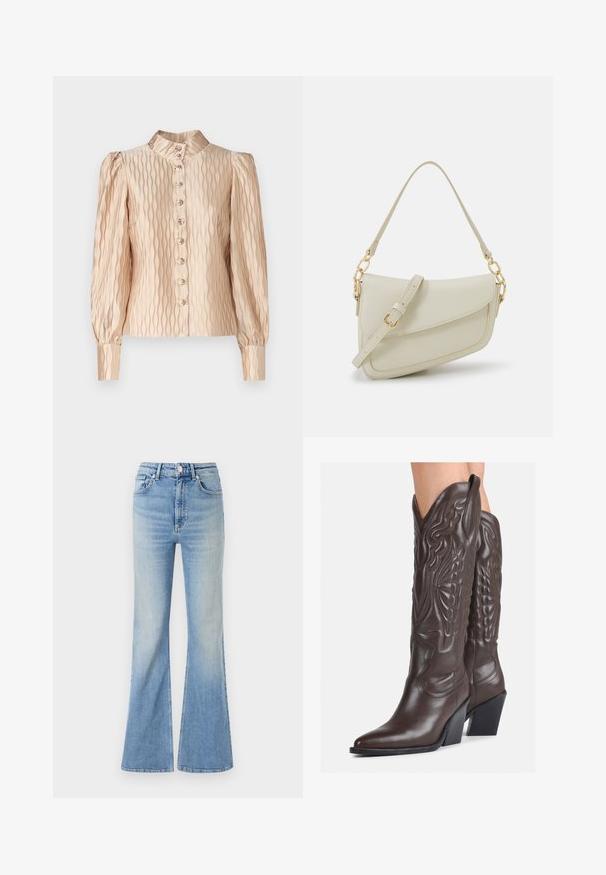 Manteau rembourré noir avec un motif en chevrons, fermeture éclair et capuche en fausse fourrure amovible. Manches longues, texture brillante, design jusqu'aux genoux.; YAS YASRIPPLE SHOW - Blouse - sheer bliss; Jean évasé bleu clair en denim, doté d'une taille haute, d'un design à cinq poches et d'un dégradé subtil vers l'ourlet.; Bottes de cowboy en cuir marron avec un bout pointu et un talon bloc, présentant des coutures détaillées et des accents en relief sur la tige.; Petit sac à main crème avec une finition texturée, une longue sangle réglable, un accent en chaîne et une fermeture à rabat. Détails en matériel doré.; Boucles d'oreilles en argent en forme de créoles avec un design torsadé, dotées d'une finition polie et d'une fermeture à poussoir. Mesurent environ 3 cm de diamètre.