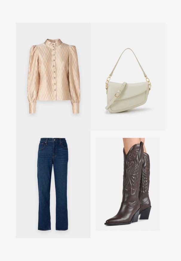 Manteau rembourré noir avec un motif en chevrons, fermeture éclair et capuche en fausse fourrure amovible. Manches longues, texture brillante, design jusqu'aux genoux.; YAS YASRIPPLE SHOW - Blouse - sheer bliss; Jean droit en denim bleu foncé avec un design à cinq poches, des coutures orange et une fermeture à bouton au niveau de la taille.; Bottes de cowboy en cuir marron avec un bout pointu et un talon bloc, présentant des coutures détaillées et des accents en relief sur la tige.; Petit sac à main crème avec une finition texturée, une longue sangle réglable, un accent en chaîne et une fermeture à rabat. Détails en matériel doré.; Boucles d'oreilles en argent en forme de créoles avec un design torsadé, dotées d'une finition polie et d'une fermeture à poussoir. Mesurent environ 3 cm de diamètre.