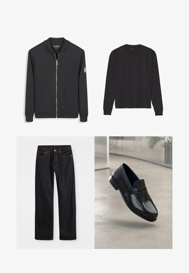 Černá zipová bunda z hladkého materiálu s ribbovaným límcem a manžetami. Obsahuje boční kapsy a nášivku s logem na rukávu. Velikost střední.; Černé tričko s dlouhým rukávem vyrobené z měkké bavlny. Má kulatý výstřih a žebrované manžety, uvolněný střih a neobsahuje žádné vzory ani grafiku.; Pánské černé džíny rovného střihu s pěti kapsami a oranžovým prošíváním, s knoflíkem a zipem na předním pásku.; Černé kožené mokasíny s hladkým povrchem, zaoblenou špičkou, dekorativním prošíváním a mírně zvýšenou podrážkou.
