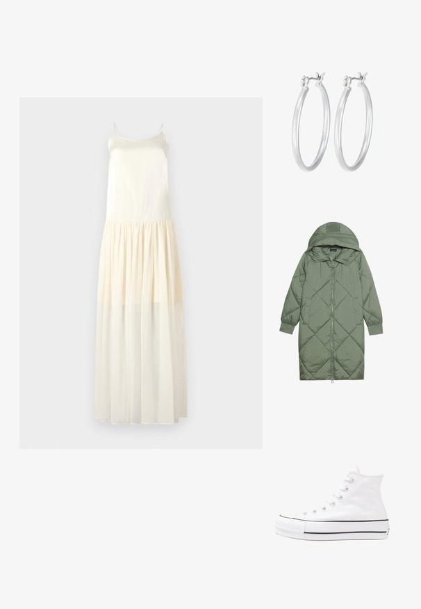 Zelený prešívaný páperový kabát s kapucňou, so zipsovým uzáverom vpredu a dvoma bočnými vreckami. Po celom povrchu je textúrovaný diamantový vzor.; Maxi šaty s ramienkami na špagety, vrchná časť z látky similarnej hodvábu a nadýchaná, vrstvená šifónová sukňa v svetlej béžovej farbe.; Biele vysoké plátené tenisky s čiernou gumovou podošvou, prednou gumovou špičkou a šiestimi okami na šnúrky, s čistým, minimalistickým dizajnom.; Strieborné kruhové náušnice s hladkým, lesklým povrchom. Kolový tvar a bezpečné klikanie na uzatváranie. Ľahký dizajn vhodný na každodenné nosenie.