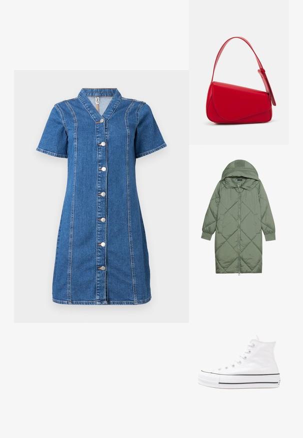 Zelený prešívaný páperový kabát s kapucňou, so zipsovým uzáverom vpredu a dvoma bočnými vreckami. Po celom povrchu je textúrovaný diamantový vzor.; Džínová košeľová šaty s krátkym rukávom, s límcom, vertikálnym švom a piatimi striebornými gombíkmi na prednej strane.; Biele vysoké plátené tenisky s čiernou gumovou podošvou, prednou gumovou špičkou a šiestimi okami na šnúrky, s čistým, minimalistickým dizajnom.; Červená kožená kabelka s ostrým, geometrickým dizajnom. Má jeden nastaviteľný popruh a uzatváranie na klopu so šitím.