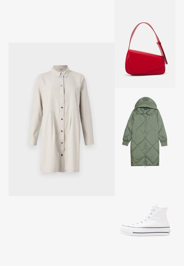Zelený prešívaný páperový kabát s kapucňou, so zipsovým uzáverom vpredu a dvoma bočnými vreckami. Po celom povrchu je textúrovaný diamantový vzor.; Svetlo béžové šaty na gombíky s golierom, dlhými rukávmi a plisovaným pásom. Má čierne gombíky pozdĺž prednej časti na zapínanie.; Biele vysoké plátené tenisky s čiernou gumovou podošvou, prednou gumovou špičkou a šiestimi okami na šnúrky, s čistým, minimalistickým dizajnom.; Červená kožená kabelka s ostrým, geometrickým dizajnom. Má jeden nastaviteľný popruh a uzatváranie na klopu so šitím.