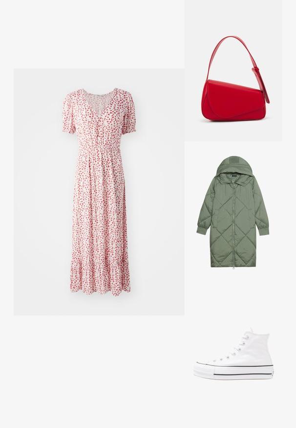 Quiltet lang grøn pufferjakke med hætte, med frontlynlås og to sidelommer. Teksturret diamantmønster over det hele.; Blomstret maxi kjole i hvid med små røde blomster, V-udskæring, korte puffærmer og en gathered talje. Har en flæset kant.; Hvide høje kanvas sneakers med sort gummisål, gummitåhætte foran og seks øjehuller til snørebånd, der har et rent, minimalistisk design.; Rød læderhåndtaske med et kantet, geometrisk design. Har en enkelt justerbar rem og en klaplukning med syede detaljer.
