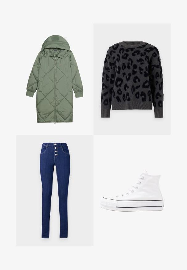 Quiltuotas ilgas žalias pūkinis paltas su kapuce, turintis priekinį užtrauktuką ir dvi šonines kišenes. Visame paviršiuje yra tekstūrinis rombų raštas.; Pilkas megztinis iš minkštos medžiagos, puošiamas juodu leopardų raštu, apvaliu iškirpimu ir raštuotomis rankovėmis bei apačia. Tekstūruoti pleistrai suteikia dimensiją.; Lieknos džinsai tamsiai mėlynos spalvos, su aukštu juosmeniu, mygtukų užtrauktuku su penkiais sidabriniais mygtukais ir minimaliais galiniais kišenėmis.; Balti aukštakulniai drobės sportbačiai su juodu guminio pado, priekinio guminio piršto dangteliu ir šešiais akytėmis raištams, pasižymintys švariu, minimalistiniu dizainu.