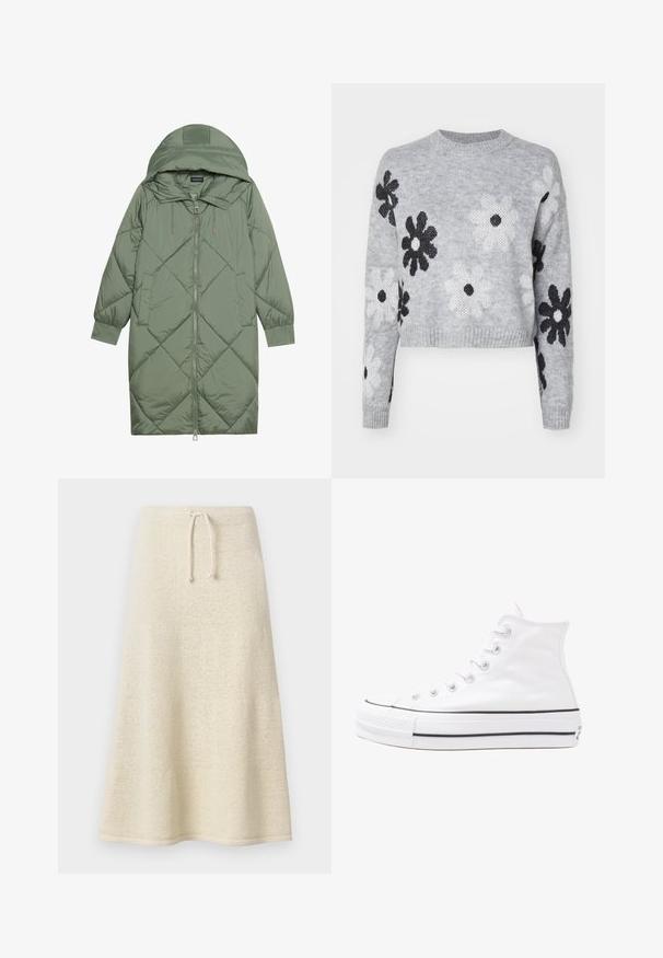 Zelený prešívaný páperový kabát s kapucňou, so zipsovým uzáverom vpredu a dvoma bočnými vreckami. Po celom povrchu je textúrovaný diamantový vzor.; Svetlošedý skrátený úpletový sveter s čierno-bielymi vzormi kvetov, okrúhly výstrih a rebrované manžety. Mäkka textúra, ležérny dizajn.; Sukňa až po kolená, krémovej farby, pletená, s jemnou textúrou, s elastickým pásom na šnúrku a rozšíreným strihom. Minimalistický dizajn bez vzorov alebo ozdôb.; Biele vysoké plátené tenisky s čiernou gumovou podošvou, prednou gumovou špičkou a šiestimi okami na šnúrky, s čistým, minimalistickým dizajnom.