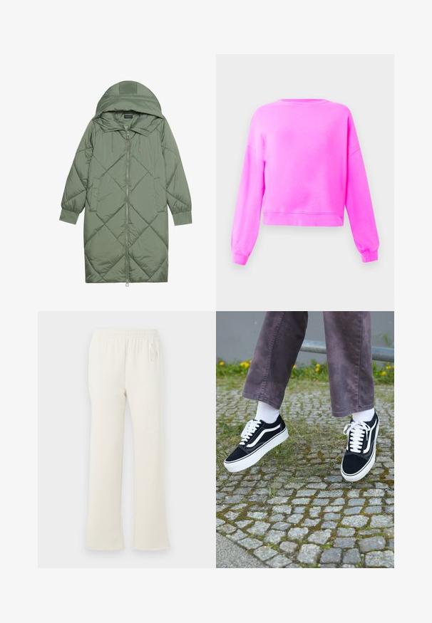 Vadderad lång grön pufferjacka med huva, med en framsidan dragkedjestängning och två sidofickor. Strukturerad diamantmönster över hela plagget.; Ljusrosa långärmad crewneck-tröja med ribbad nederkant och ärmslut, visad på en enkel ljus bakgrund.; Krämfärgade sweatpants med elastisk midja och subtil "GAP"-logotyp på övre vänstra höften, visade mot en vit bakgrund.; Svarta mockaskor med vita detaljer, med rund tå, tjock vit sula och klassisk snördesign, som bärs med vita strumpor och lila byxor.