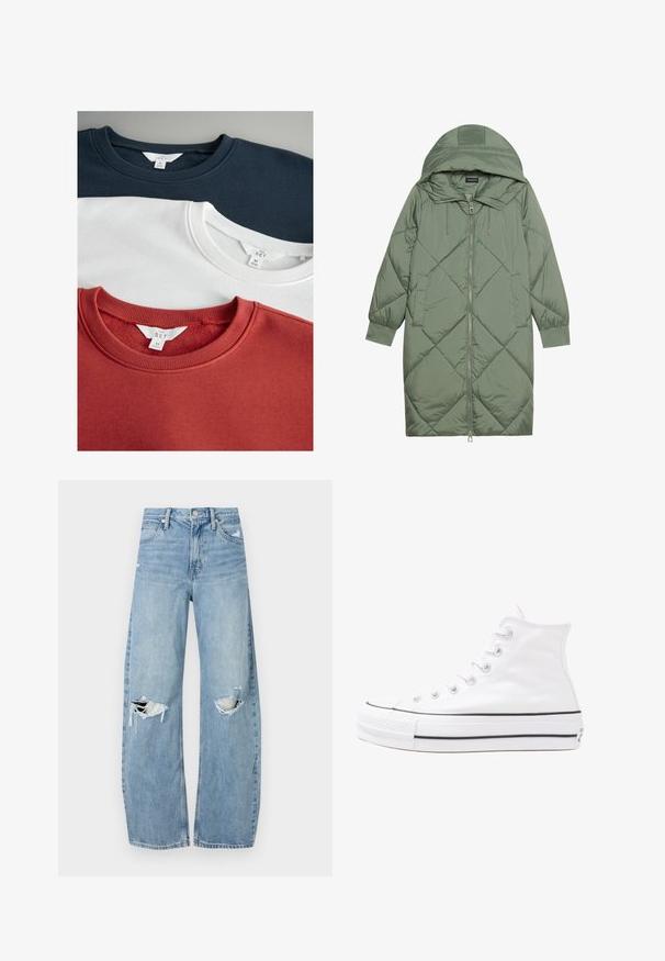 Steppelt, hosszú zöld pufikabát kapucnival, elöl cipzáras záródással és két oldalsó zsebből áll. Az anyagon teljes hosszában váltakozó gyémántmintázat található.; Három kereknyakú pulóver: sötétkék, fehér és rozsdabarna. Puha anyagból készült, bordázott gallérral, a belső címkéken márkajelzésekkel.; Világoskék, magas derekú farmernadrág. Széles lábakkal, két szakadt térddel és klasszikus öt zsebes dizájnnal rendelkezik.; Fehér magaskorsó vászon sportcipő fekete gumi talppal, elülső gumi orrnyereggel és hat fűzőlyukkal, letisztult, minimalista dizájnnal.