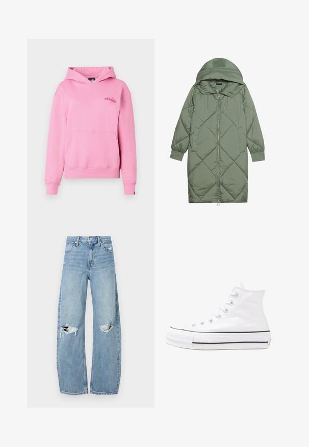 Prošívaný dlouhý zelený péřový kabát s kapucí, který má přední zip a dvě boční kapsy. Po celém povrchu je texturovaný diamantový vzor.; Růžová mikina vyrobená z měkké tkaniny, která má přední kapsu, ribbené manžety a vyšívané logo na levé straně hrudi.; Světle modré džíny s vysokým pasem vyrobené z denimu. Mají široké nohavice, dvě roztržené oblasti na kolenou a klasický pětikapsový střih.; Bílé vysoké plátěné tenisky s černou gumovou podrážkou, přední gumovou špičkou a šesti očky na tkaničky, se čistým, minimalistickým designem.