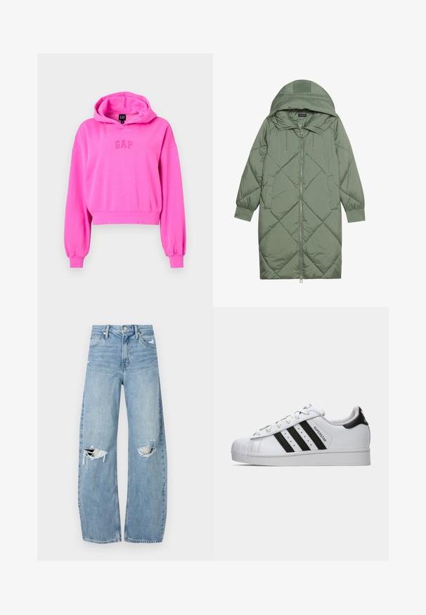 Gesteppten langer grüner Daunenmantel mit Kapuze, mit einem Reißverschluss vorne und zwei Seitentaschen. Strukturiertes Rautenmuster auf der gesamten Fläche.; GAP LOGO CROPPED - Kapuzenpullover - standout pink; Helles, hochtailliertes Jeans aus Denim. Hat weit geschnittene Beine, zwei aufgerissene Kniebereiche und klassischen Fünf-Taschen-Stil.; Weiße Adidas Superstar Sneaker mit schwarzen Streifen, charakteristischer Zehenkappe und "Superstar"-Schriftzug an der Seite, im linken Profil auf weißem Hintergrund gezeigt.
