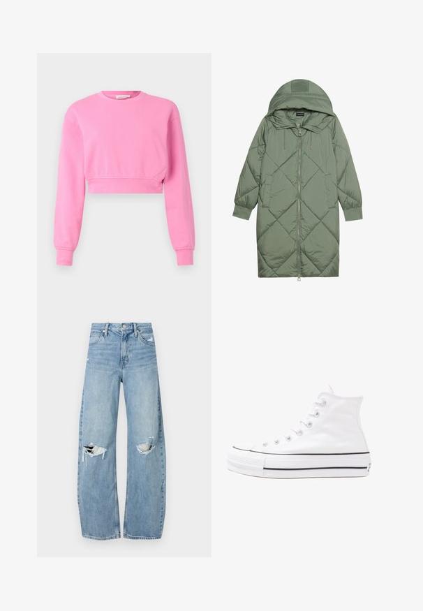 Abrigo acolchado largo verde tipo puffer con capucha, que presenta un cierre frontal con cremallera y dos bolsillos laterales. Patrón de diamantes texturizado en toda su superficie.; Sudadera corta rosa con mangas largas, escote redondo y puños acanalados. Confeccionada en una suave mezcla de algodón con una textura lisa.; Vaqueros de mezclilla de tiro alto en azul claro. Tienen piernas anchas, dos áreas desgastadas en las rodillas y un estilo clásico de cinco bolsillos.; Zapatilla de lona alta blanca con suela de goma negra, puntera de goma frontal y seis ojetes para los cordones, que presenta un diseño limpio y minimalista.
