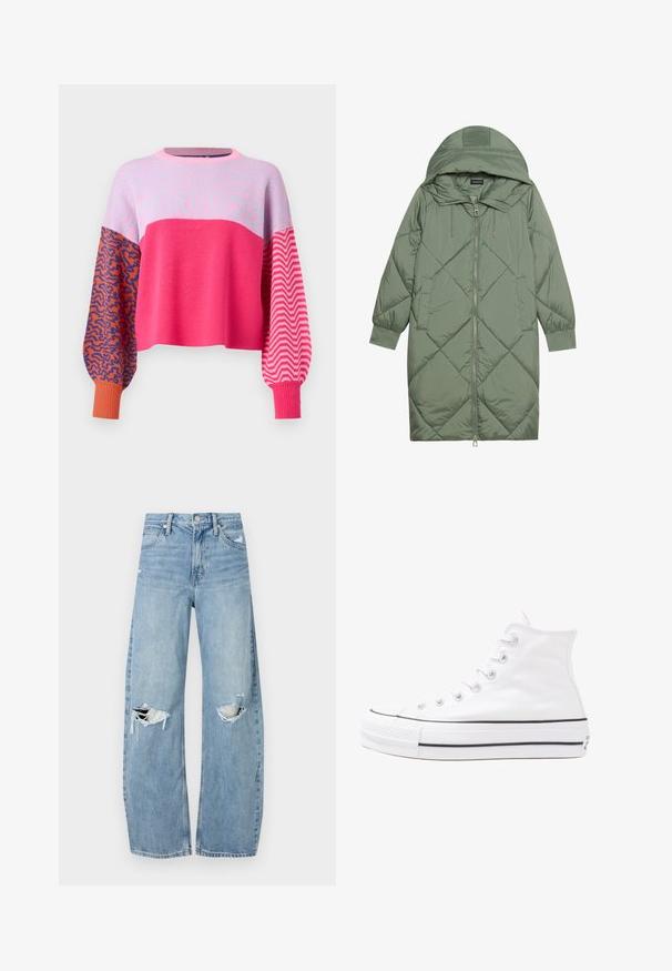 Quilted long green puffer coat with a hood, featuring a front zipper closure and two side pockets. Textured diamond pattern throughout.; ONLY ONLHILLA MIX BOX O NECK - Jumper - raspberry sorbet; Light blue, high-waisted jeans made of denim. Feature wide legs, two torn knee areas, and classic five-pocket styling.; White high-top canvas sneaker with black rubber sole, front rubber toe cap, and six eyelets for laces, featuring a clean, minimalist design.