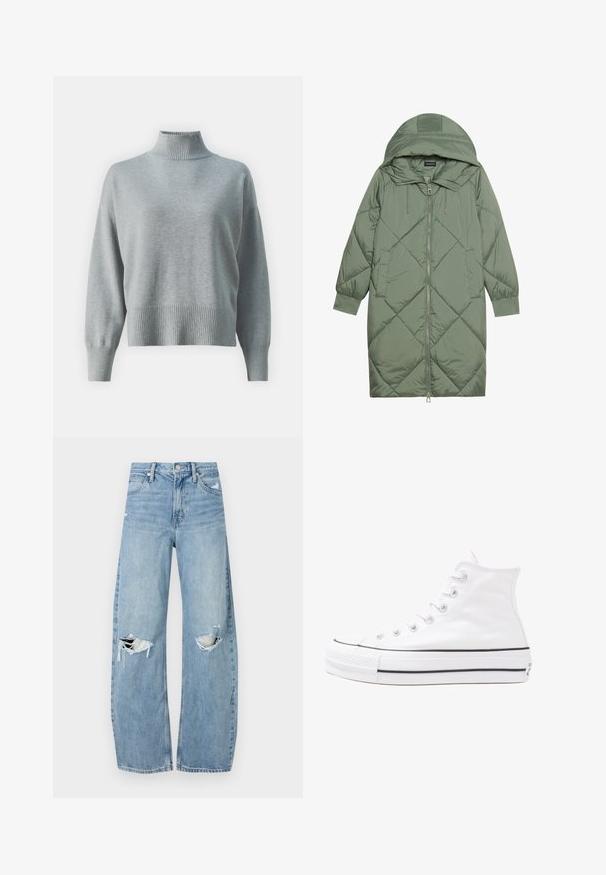Steppelt, hosszú zöld pufikabát kapucnival, elöl cipzáras záródással és két oldalsó zsebből áll. Az anyagon teljes hosszában váltakozó gyémántmintázat található.; Világosszürke kötött pulóver magas bordás nyakkal, laza szabású, hosszabb ujjakkal és bordázott hemmel. Puha textúra és minimalista design.; Világoskék, magas derekú farmernadrág. Széles lábakkal, két szakadt térddel és klasszikus öt zsebes dizájnnal rendelkezik.; Fehér magaskorsó vászon sportcipő fekete gumi talppal, elülső gumi orrnyereggel és hat fűzőlyukkal, letisztult, minimalista dizájnnal.