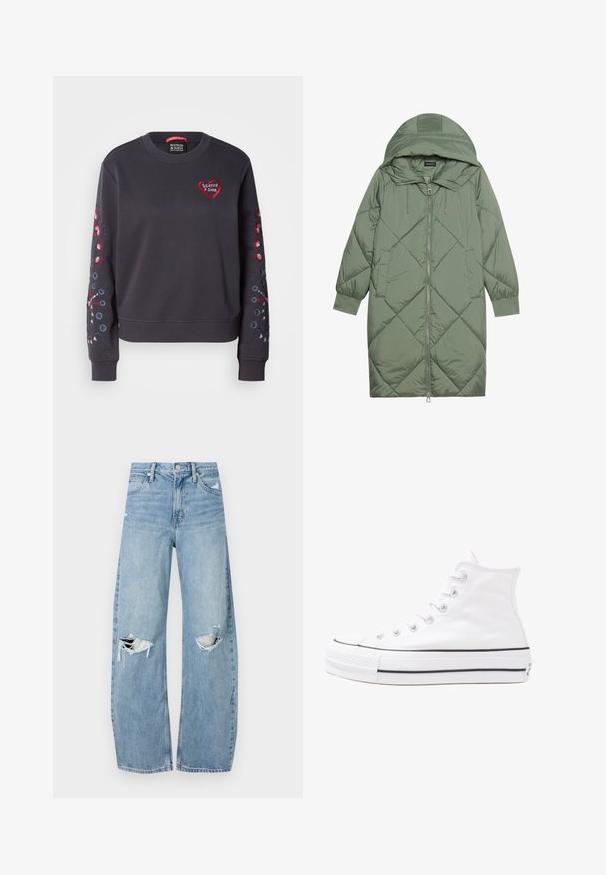 Manteau matelassé long vert avec capuche, doté d'une fermeture éclair à l'avant et de deux poches latérales. Motif en losanges texturé sur toute sa surface.; Sweatshirt gris foncé avec col rond, arborant un logo en forme de cœur rouge et une broderie florale colorée sur les manches. Tissu doux, avec des poignets côtelés.; Jeans en denim bleu clair à taille haute. Présentent des jambes larges, deux zones déchirées aux genoux et un style classique à cinq poches.; Baskets montantes en toile blanche avec semelle en caoutchouc noir, capuchon en caoutchouc à l'avant, et six œillets pour les lacets, présentant un design épuré et minimaliste.