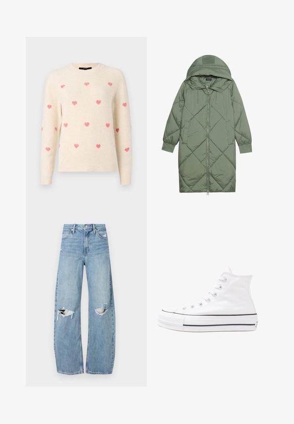 Casaco puffer longo verde acolchoado com capuz, apresentando um fecho frontal com zíper e dois bolsos laterais. Padrão texturizado em forma de diamante por todo o casaco.; Suéter creme com um decote redondo, apresentando corações cor-de-rosa bordados espalhados por todo o lado. Textura suave com punhos e bainha canelados.; Jeans de lavagem clara, de cintura alta, feitos de denim. Apresentam pernas largas, duas áreas rasgadas nos joelhos e o estilo clássico de cinco bolsos.; Sapatilha alta de tela branca com sola de borracha preta, bico de borracha na frente e seis ilhós para os atacadores, apresentando um design limpo e minimalista.