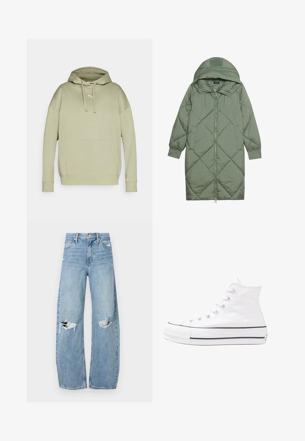 Zelený prešívaný páperový kabát s kapucňou, so zipsovým uzáverom vpredu a dvoma bočnými vreckami. Po celom povrchu je textúrovaný diamantový vzor.; Puma mikina vo svetlozelenej farbe, s klokankovou kapsou, kapucňou so šnúrkou a rebrovanými manžetami. Vyrobená zo softového zmesi bavlny.; Svetlomodré, vysoké džínsy vyrobené z denimu. Majú široké nohavice, dve roztrhnuté kolená a klasický päťvreckový strih.; Biele vysoké plátené tenisky s čiernou gumovou podošvou, prednou gumovou špičkou a šiestimi okami na šnúrky, s čistým, minimalistickým dizajnom.