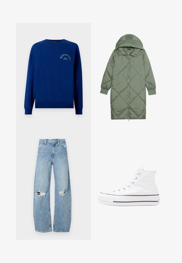 Zelený prešívaný páperový kabát s kapucňou, so zipsovým uzáverom vpredu a dvoma bočnými vreckami. Po celom povrchu je textúrovaný diamantový vzor.; Modrá mikina s okrúhlym výstrihom vyrobená z mäkkej látky, s rebrovanými manžetami a lemom. Na prednej strane sa nachádza biely textový logo s oblúkovým dizajnom.; Svetlomodré, vysoké džínsy vyrobené z denimu. Majú široké nohavice, dve roztrhnuté kolená a klasický päťvreckový strih.; Biele vysoké plátené tenisky s čiernou gumovou podošvou, prednou gumovou špičkou a šiestimi okami na šnúrky, s čistým, minimalistickým dizajnom.