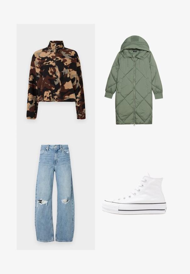 Quiltuotas ilgas žalias pūkinis paltas su kapuce, turintis priekinį užtrauktuką ir dvi šonines kišenes. Visame paviršiuje yra tekstūrinis rombų raštas.; Ilgas rankovėmis pūkinis megztinis su rudos, juodos ir bežinės spalvų kamufliažo raštu, su pusiau užtrauktuku ir elastiniais rankogaliais.; Šviesiai mėlynos, aukštu juosmeniu džinsai pagaminti iš džinsinio audinio. Turi plačias kojų kelnes, dvi suplėšytas kelio vietas ir klasikinį penkių kišenių dizainą.; Balti aukštakulniai drobės sportbačiai su juodu guminio pado, priekinio guminio piršto dangteliu ir šešiais akytėmis raištams, pasižymintys švariu, minimalistiniu dizainu.