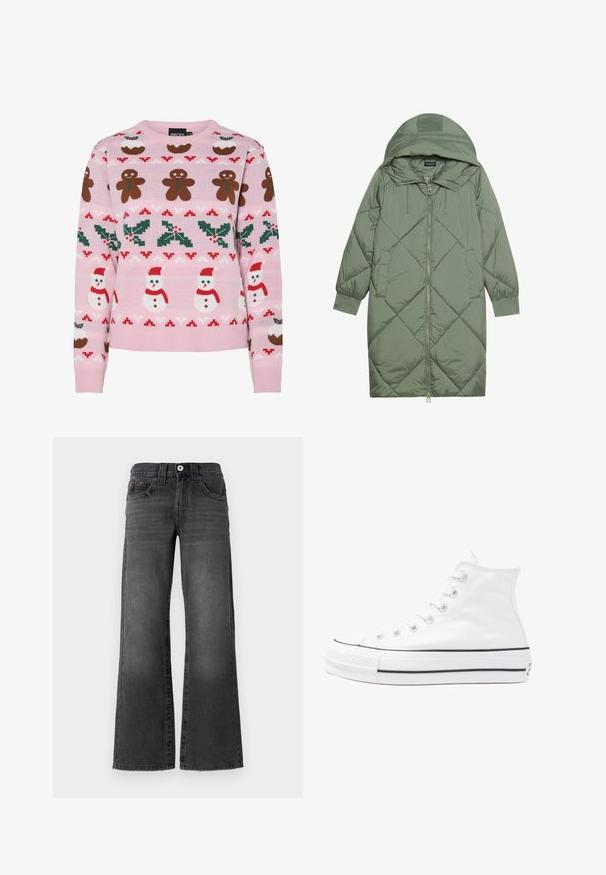 Quiltuotas ilgas žalias pūkinis paltas su kapuce, turintis priekinį užtrauktuką ir dvi šonines kišenes. Visame paviršiuje yra tekstūrinis rombų raštas.; Pieces PCJOLLY XMAS O NECK PULLOVER - Džemperis - prism pink; Tiesios kojos džinsai tamsiai pilkos spalvos džinsinio audinio. Yra penki kišenės, mygtuko užsegimas ir subtilus išblukimas audinyje. Klasikiniai siuvimo akcentai.; Balti aukštakulniai drobės sportbačiai su juodu guminio pado, priekinio guminio piršto dangteliu ir šešiais akytėmis raištams, pasižymintys švariu, minimalistiniu dizainu.