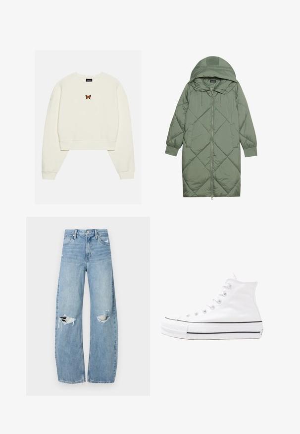 Cappotto lungo imbottito verde con un cappuccio, caratterizzato da una chiusura frontale a zip e due tasche laterali. Motivo a rombi testurizzati su tutta la superficie.; Felpa corta color crema con una farfalla arancione ricamata al centro. Presenta maniche ampie e polsini a coste.; Jeans azzurri chiari a vita alta realizzati in denim. Presentano gambe larghe, due aree strappate sulle ginocchia e il classico styling a cinque tasche.; Sneaker alta in tela bianca con suola in gomma nera, punta in gomma frontale e sei asole per i lacci, caratterizzata da un design pulito e minimalista.