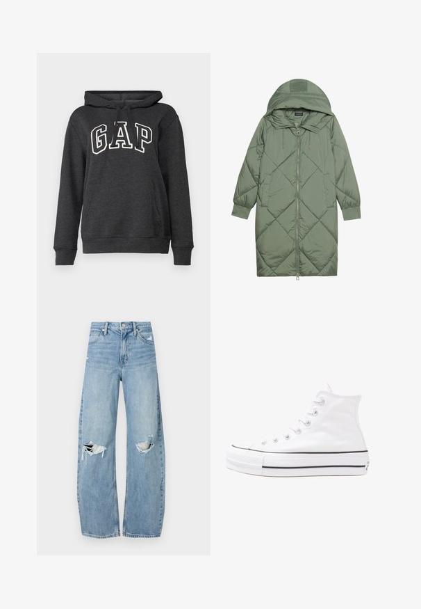Cappotto lungo imbottito verde con un cappuccio, caratterizzato da una chiusura frontale a zip e due tasche laterali. Motivo a rombi testurizzati su tutta la superficie.; Felpa grigia scura in tessuto morbido con tasca a marsupio, cappuccio con cordino e grande logo bianco "GAP" sul davanti.; Jeans azzurri chiari a vita alta realizzati in denim. Presentano gambe larghe, due aree strappate sulle ginocchia e il classico styling a cinque tasche.; Sneaker alta in tela bianca con suola in gomma nera, punta in gomma frontale e sei asole per i lacci, caratterizzata da un design pulito e minimalista.