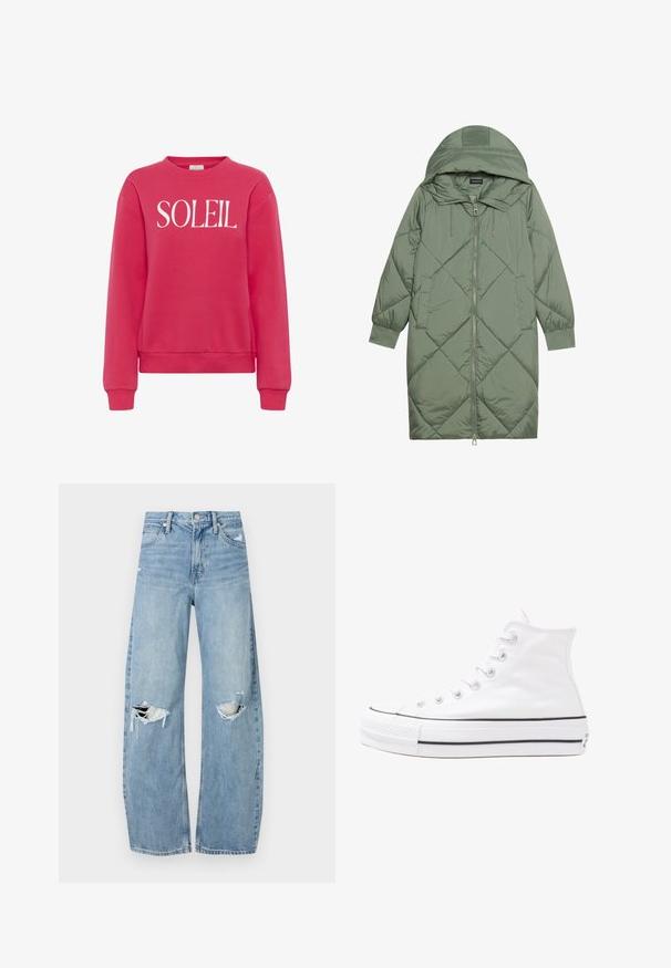 Gesteppten langer grüner Daunenmantel mit Kapuze, mit einem Reißverschluss vorne und zwei Seitentaschen. Strukturiertes Rautenmuster auf der gesamten Fläche.; Kaffe Sweatshirt - raspberry; Helles, hochtailliertes Jeans aus Denim. Hat weit geschnittene Beine, zwei aufgerissene Kniebereiche und klassischen Fünf-Taschen-Stil.; Weiße hochwertige Leinensneaker mit schwarzer Gummisohle, vorderem Gummizehenschutz und sechs Ösen für Schnürsenkel, die ein sauberes, minimalistisches Design aufweisen.