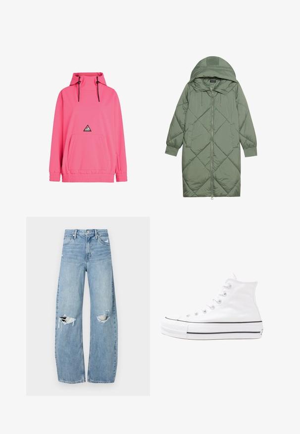 Puchowy, długi, zielony płaszcz z kapturem, z zamkiem błyskawicznym z przodu i dwoma bocznymi kieszeniami. Całość pokryta fakturowanym wzorem diamentowym.; Różowa bluza z kapturem, z przednią kieszenią, elastycznymi mankietami oraz sznurkiem ściągającym. Zawiera trójkątną łatkę z logo z przodu.; Jasnoniebieskie, wysokiej talii dżinsy wykonane z denimu. Posiadają szerokie nogawki, dwa podarte miejsca na kolanach oraz klasyczne pięć kieszeni.; Białe wysokie trampki z płótna z czarną gumową podeszwą, przednim czubkiem z gumy i sześcioma dziurkami na sznurowadła, charakteryzujące się prostym, minimalistycznym designem.