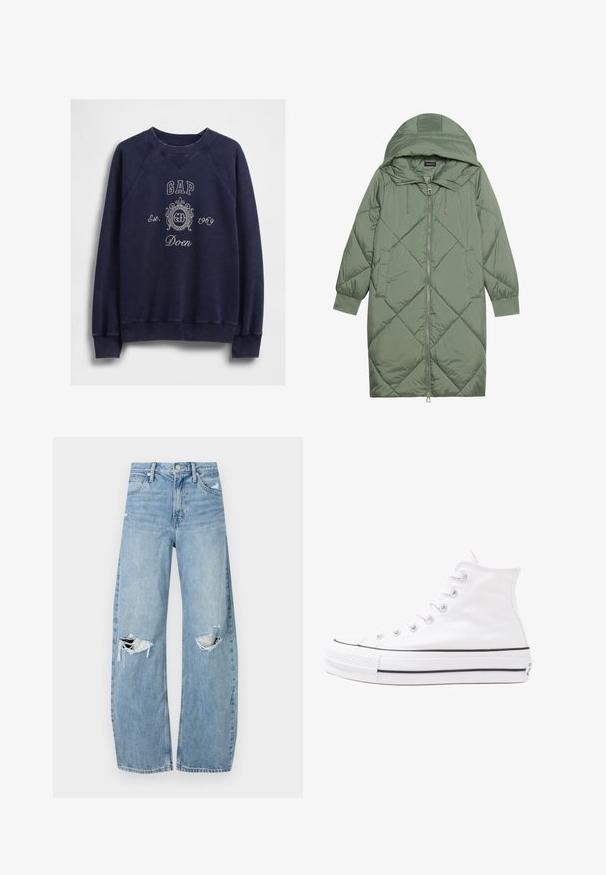 Puchowy, długi, zielony płaszcz z kapturem, z zamkiem błyskawicznym z przodu i dwoma bocznymi kieszeniami. Całość pokryta fakturowanym wzorem diamentowym.; Granatowy sweatshirt wykonany z bawełny, z okrągłym dekoltem, rękawami raglanowymi i haftowanym logo "GAP" z ozdobnym wzorem.; Jasnoniebieskie, wysokiej talii dżinsy wykonane z denimu. Posiadają szerokie nogawki, dwa podarte miejsca na kolanach oraz klasyczne pięć kieszeni.; Białe wysokie trampki z płótna z czarną gumową podeszwą, przednim czubkiem z gumy i sześcioma dziurkami na sznurowadła, charakteryzujące się prostym, minimalistycznym designem.