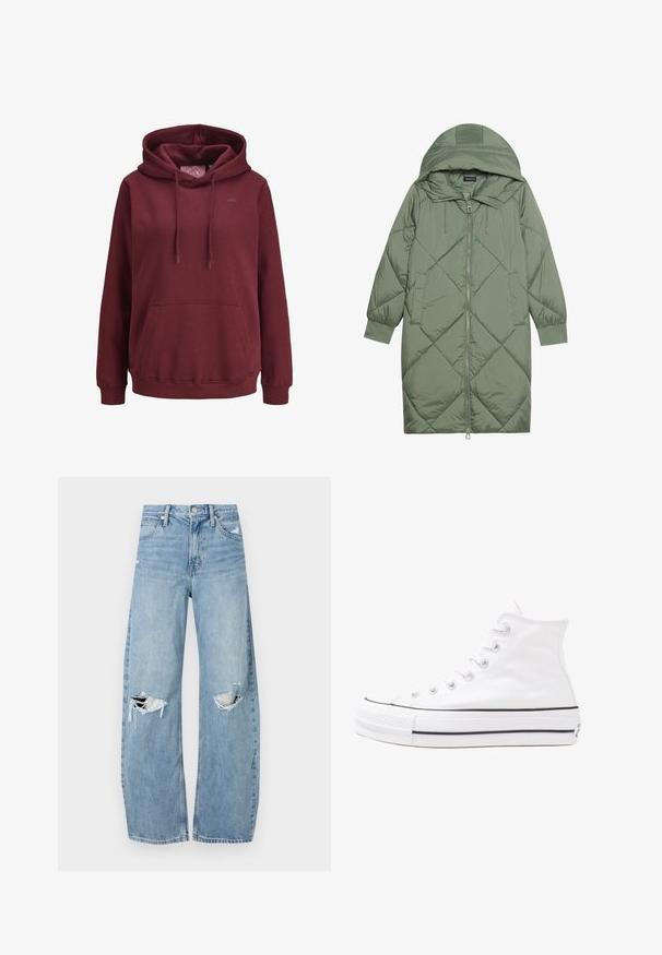 Quilted long green puffer coat with a hood, featuring a front zipper closure and two side pockets. Textured diamond pattern throughout.; Burgundy hoodie made from soft fabric with a front kangaroo pocket, adjustable drawstrings, and a small logo on the chest.; Light blue, high-waisted jeans made of denim. Feature wide legs, two torn knee areas, and classic five-pocket styling.; White high-top canvas sneaker with black rubber sole, front rubber toe cap, and six eyelets for laces, featuring a clean, minimalist design.