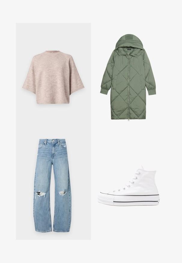 Manteau matelassé long vert avec capuche, doté d'une fermeture éclair à l'avant et de deux poches latérales. Motif en losanges texturé sur toute sa surface.; Pull oversized rose clair avec un col rond, des manches larges et une texture tricotée douce. Aucun motif ni détail en matériel visible.; Jeans en denim bleu clair à taille haute. Présentent des jambes larges, deux zones déchirées aux genoux et un style classique à cinq poches.; Baskets montantes en toile blanche avec semelle en caoutchouc noir, capuchon en caoutchouc à l'avant, et six œillets pour les lacets, présentant un design épuré et minimaliste.